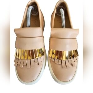 Giuseppe Zanotti Leather Sneakers Fringe Trim Accent. Gold hardware Beige sz6.
